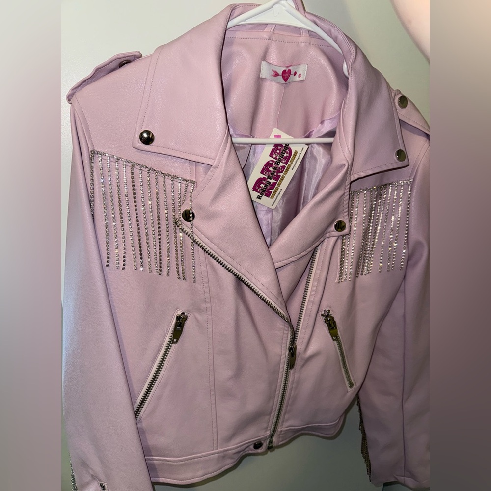 Brand new pink leather rhinestones fringed jacket